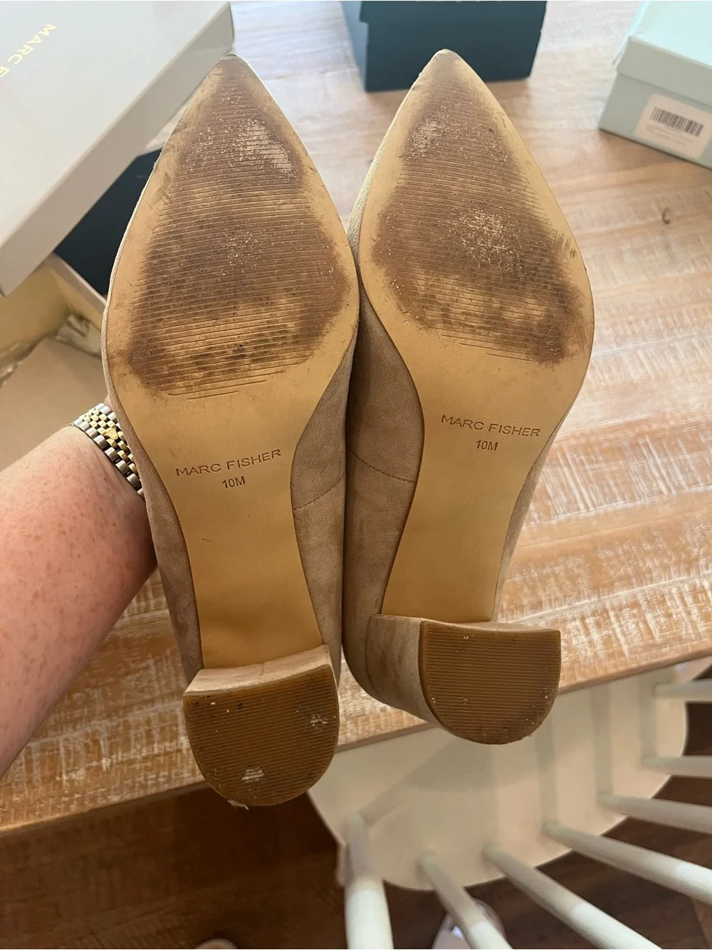 Marc Fisher nude suede pumps